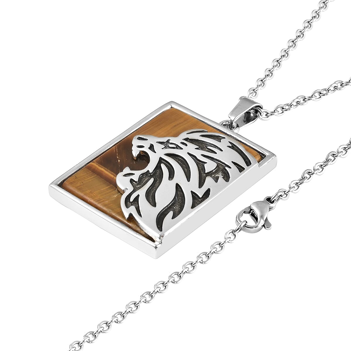 Yellow Tigers Eye Lion Pendant with Chain (Size 24) in Stainless Steel 38.70 Ct.