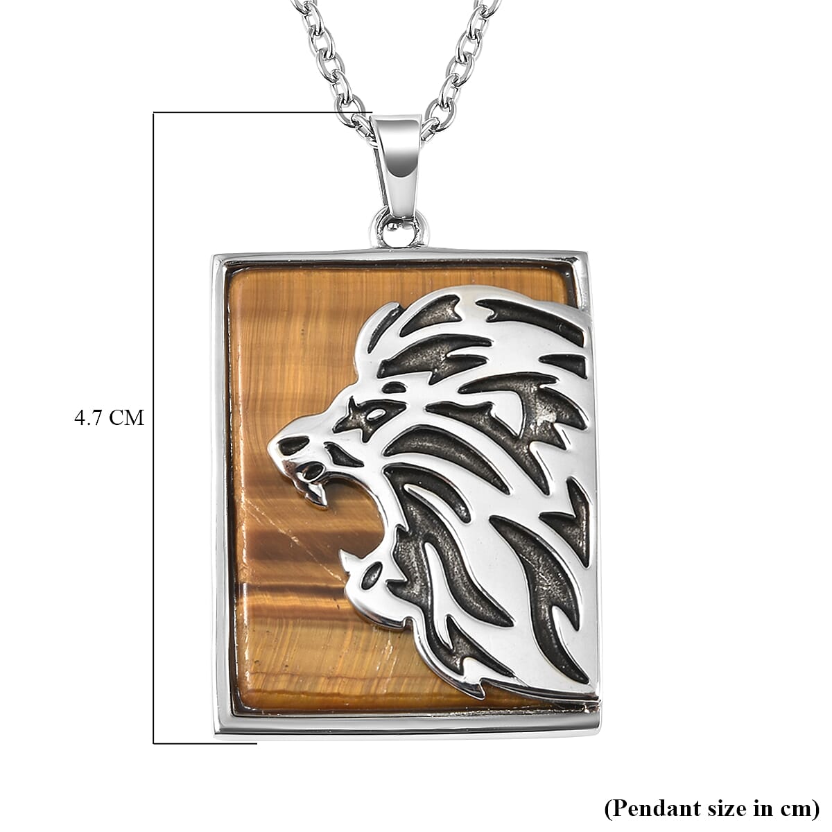 Yellow Tigers Eye Lion Pendant with Chain (Size 24) in Stainless Steel 38.70 Ct.
