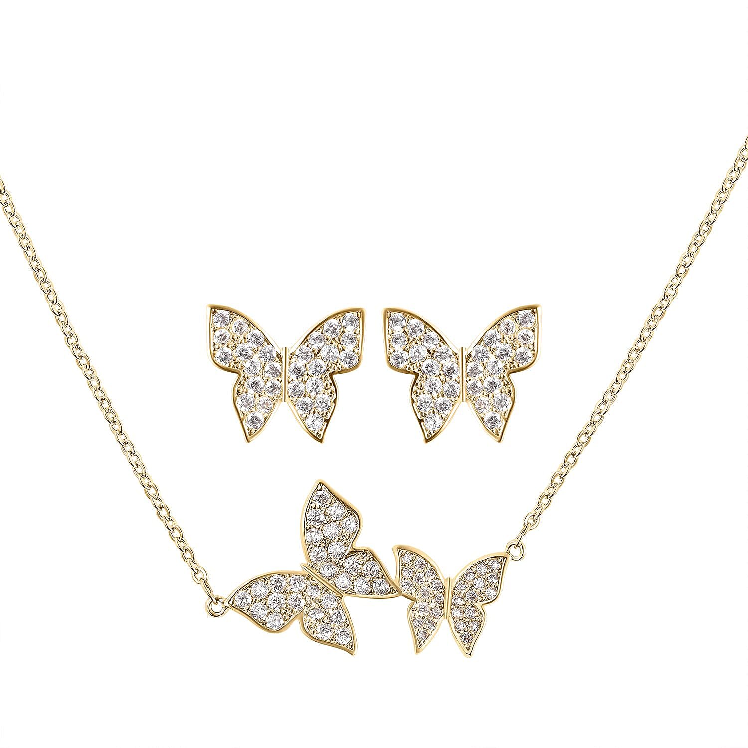 2 Piece Set - Simulated Diamond Necklace (Size 16 with 2 inch Extender) and Earrings (with Push Back) in Yellow Tone.