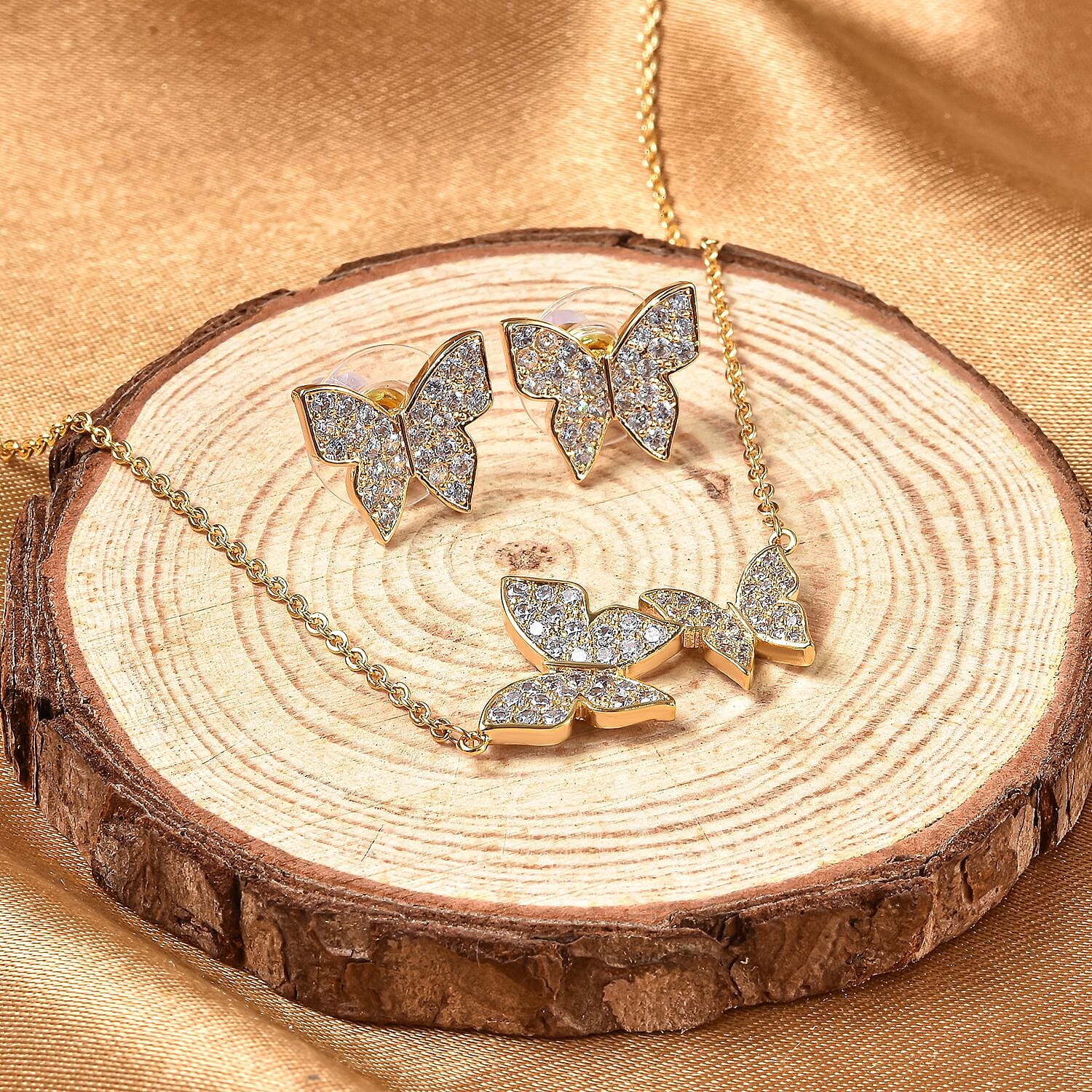 2 Piece Set - Simulated Diamond Necklace (Size 16 with 2 inch Extender) and Earrings (with Push Back) in Yellow Tone.