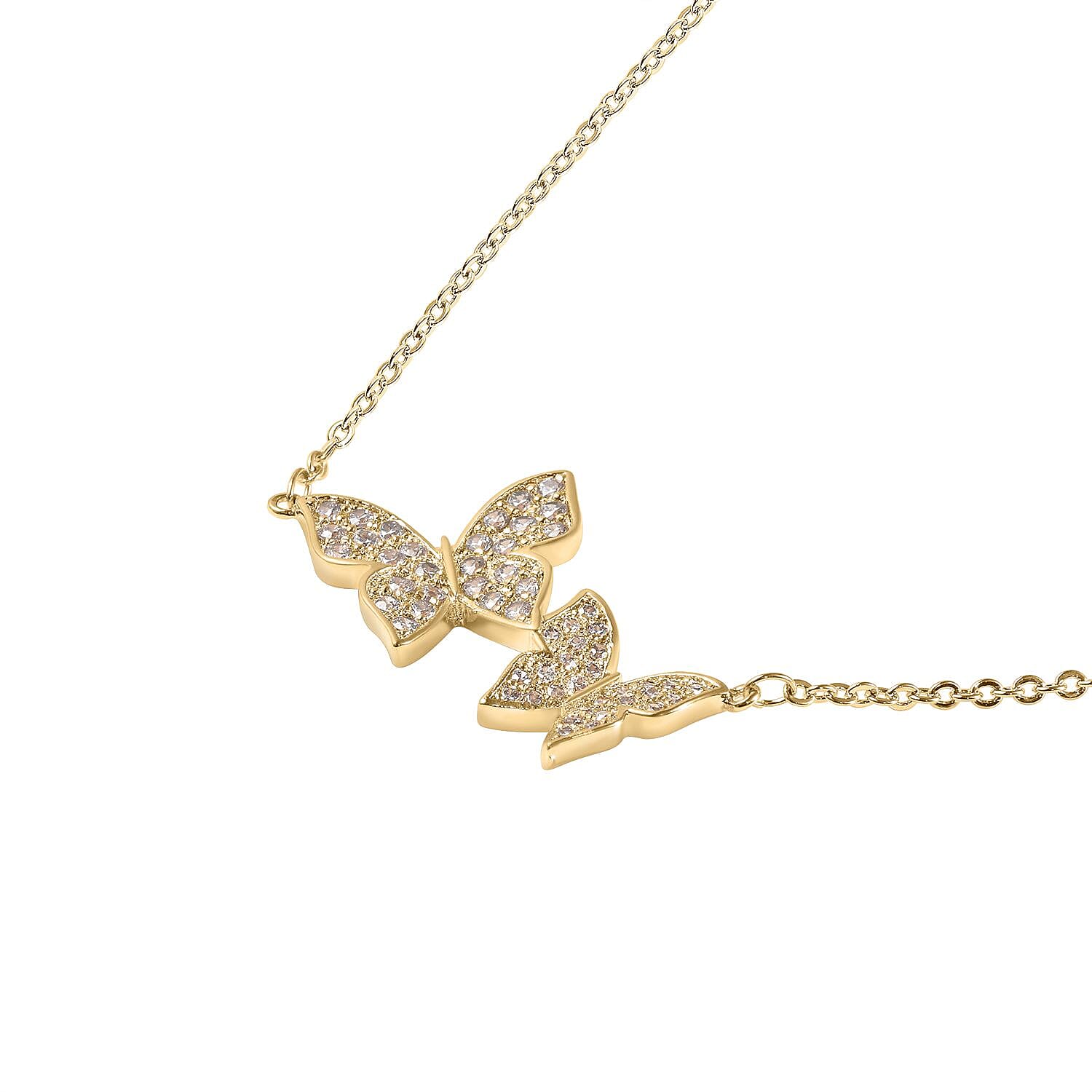 2 Piece Set - Simulated Diamond Necklace (Size 16 with 2 inch Extender) and Earrings (with Push Back) in Yellow Tone.