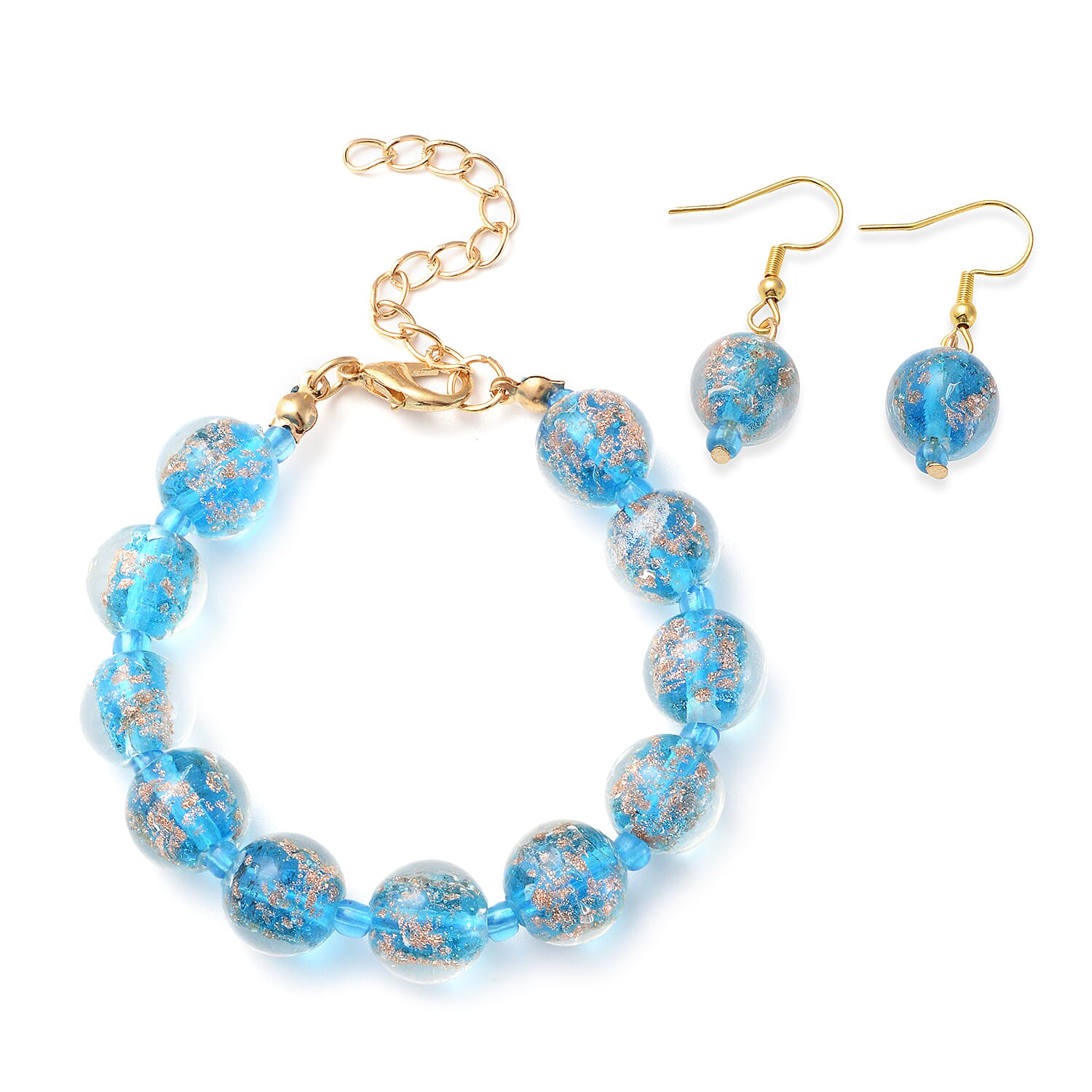 2 Piece Set - Blue Colour Murano Glass Bracelet (Size 7.5 with 2 inch Extender) and Hook Earrings in Yellow Gold Tone