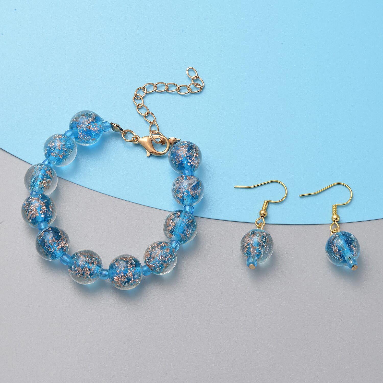 2 Piece Set - Blue Colour Murano Glass Bracelet (Size 7.5 with 2 inch Extender) and Hook Earrings in Yellow Gold Tone