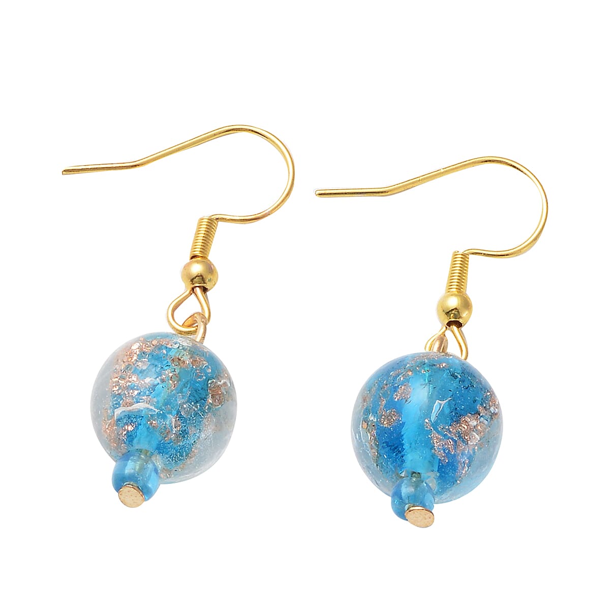 2 Piece Set - Blue Colour Murano Glass Bracelet (Size 7.5 with 2 inch Extender) and Hook Earrings in Yellow Gold Tone