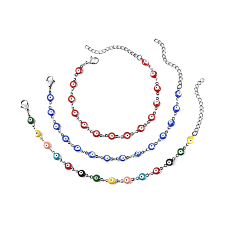 Set of 3 - Turkish Eye Bead Bracelet (Size 7.5-2 inch Ext.) in Stainless Steel