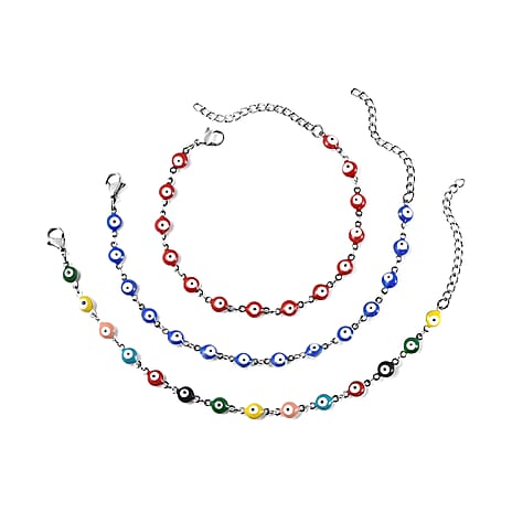 Set of 3 - Multi Color Turkish Eye Bead Bracelet (Size 7.5-2 Ext.) in Silver Tone