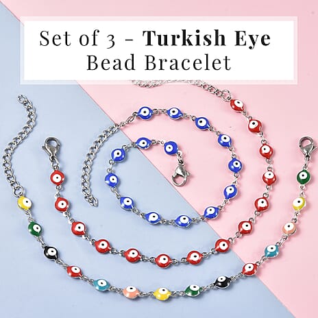 Set of 3 - Multi Color Turkish Eye Bead Bracelet (Size 7.5-2 Ext.) in Silver Tone