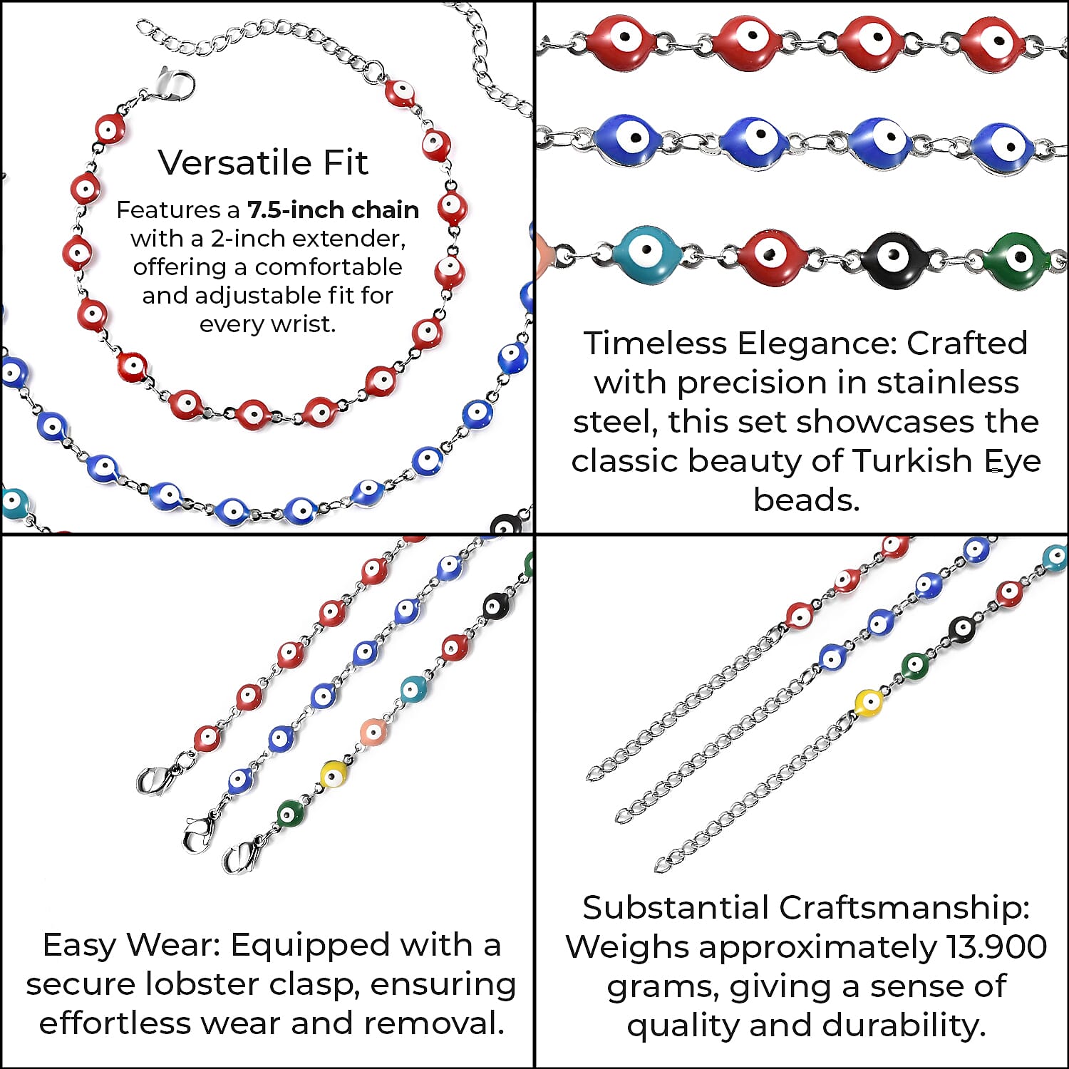 Set of 3 - Multi Color Turkish Eye Bead Bracelet (Size 7.5-2 Ext.) in Silver Tone Set of 3 - Multi Color Turkish Eye Bead Bracelet (Size 7.5-2 Ext.) in Silver Tone