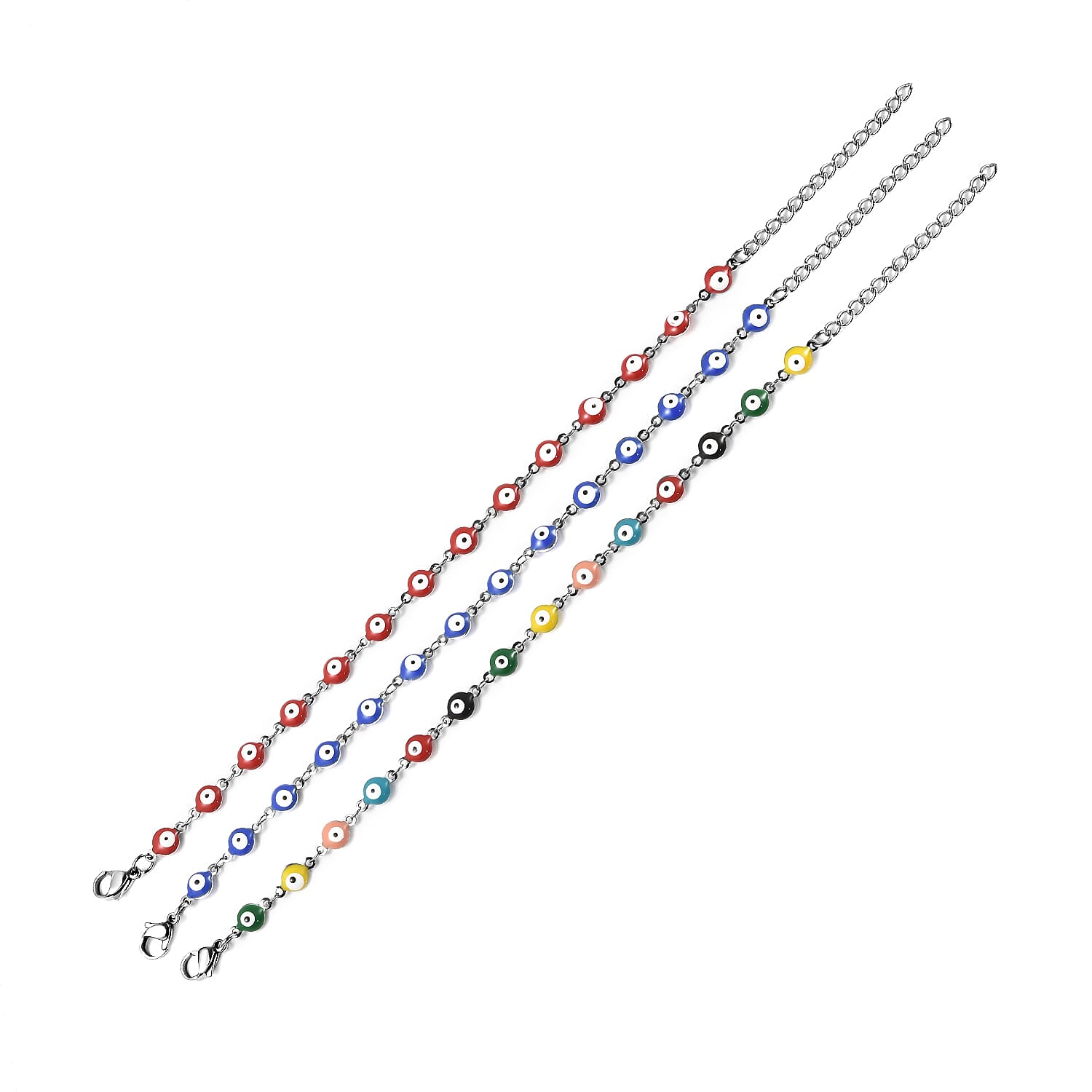 Set of 3 - Multi Color Turkish Eye Bead Bracelet (Size 7.5-2 Ext.) in Silver Tone Set of 3 - Multi Color Turkish Eye Bead Bracelet (Size 7.5-2 Ext.) in Silver Tone