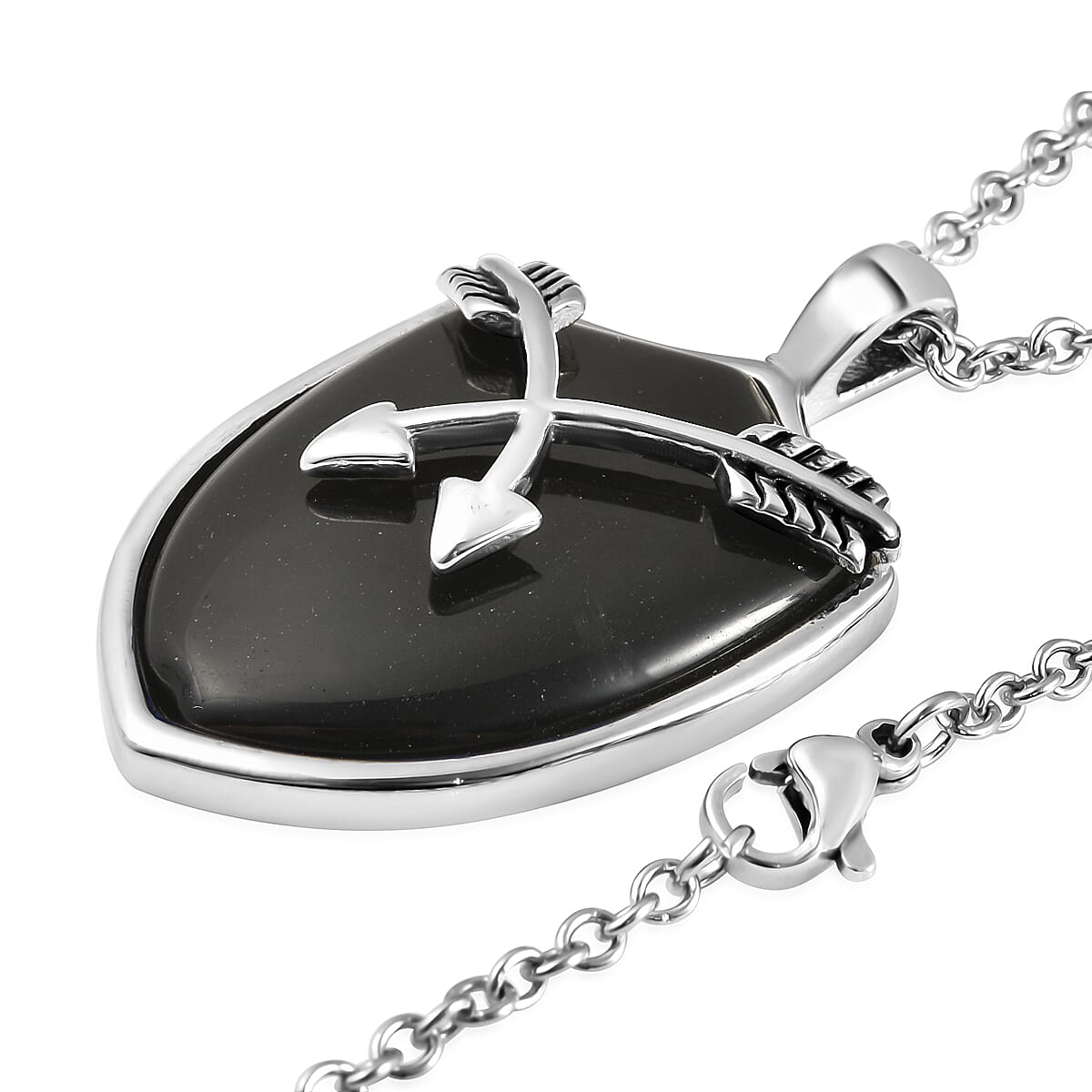 Black Agate Arrow Pendant with Chain (Size 24) in Stainless Steel 26.30 Ct.