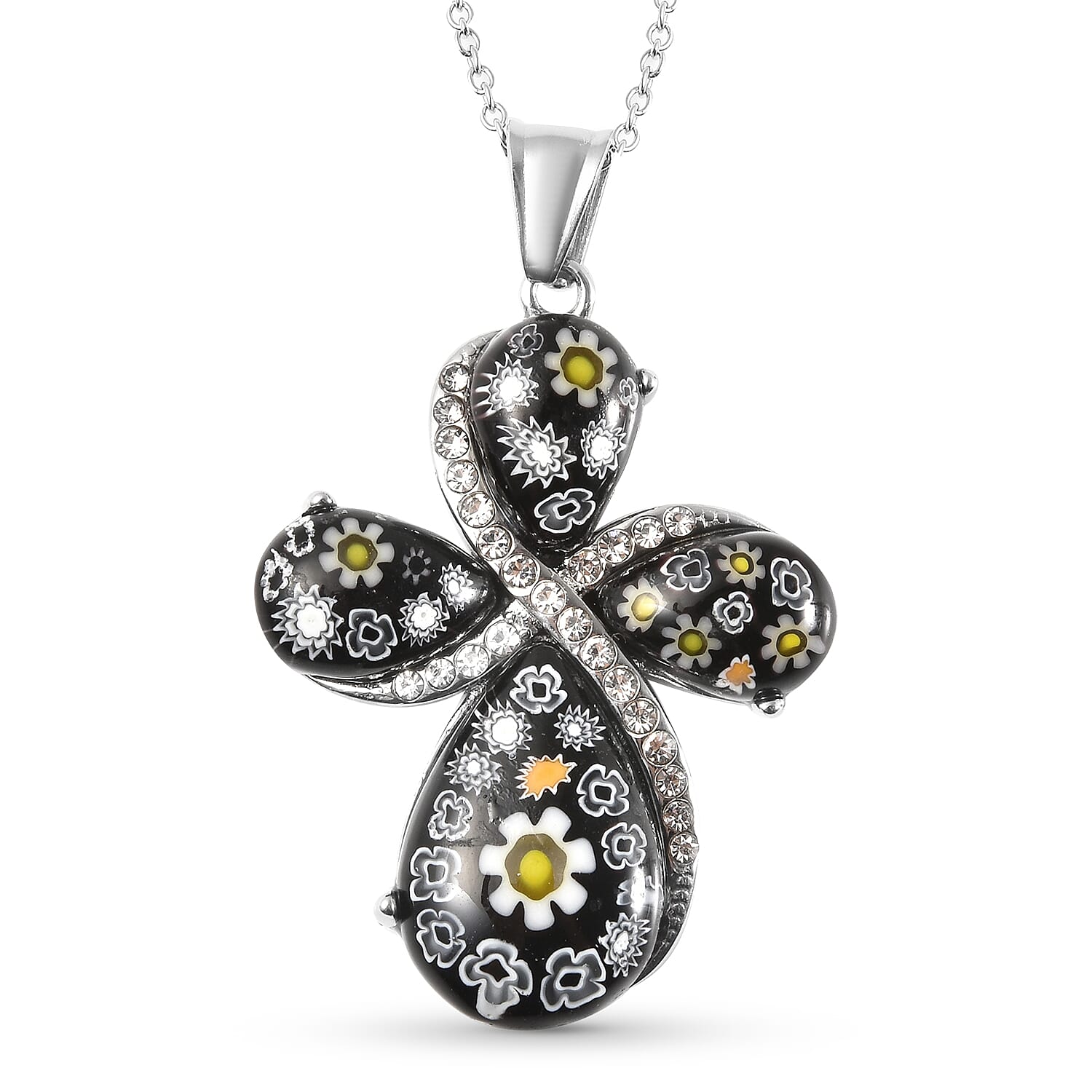 Black Colur Murano Glass and White Austrian Crystal Cross Pendant With Chian (Size 20) in Stainless Steel