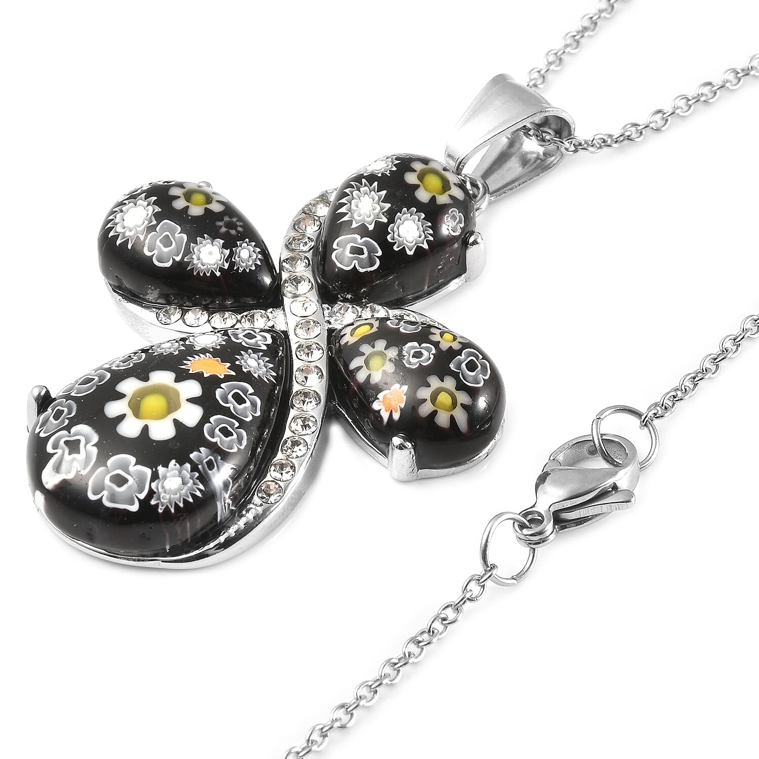 Black Colur Murano Glass and White Austrian Crystal Cross Pendant With Chian (Size 20) in Stainless Steel