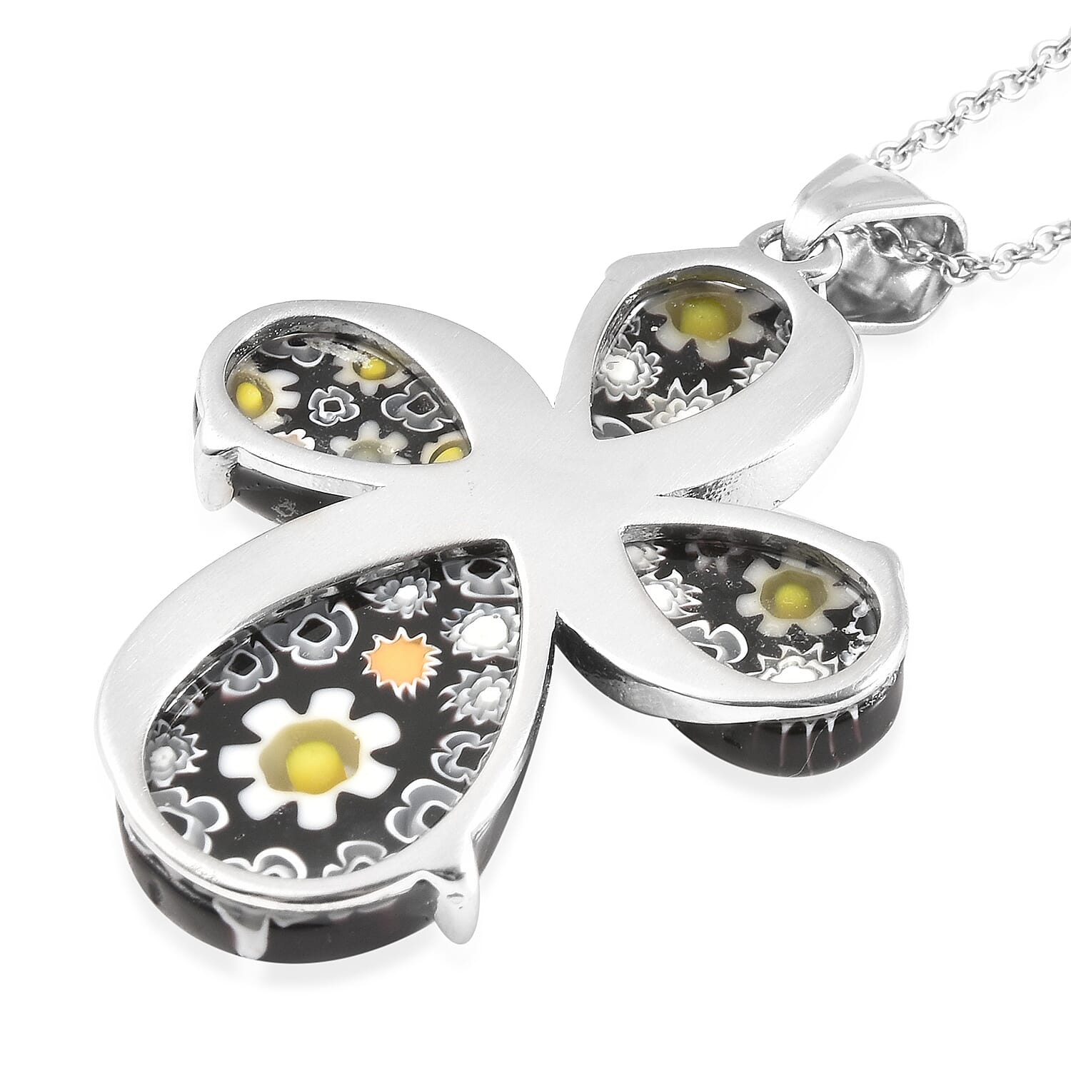 Black Colur Murano Glass and White Austrian Crystal Cross Pendant With Chian (Size 20) in Stainless Steel