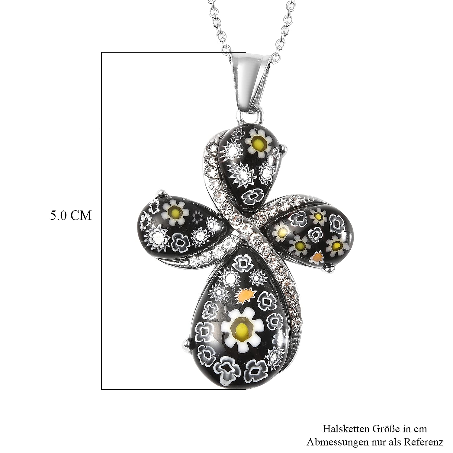Black Colur Murano Glass and White Austrian Crystal Cross Pendant With Chian (Size 20) in Stainless Steel