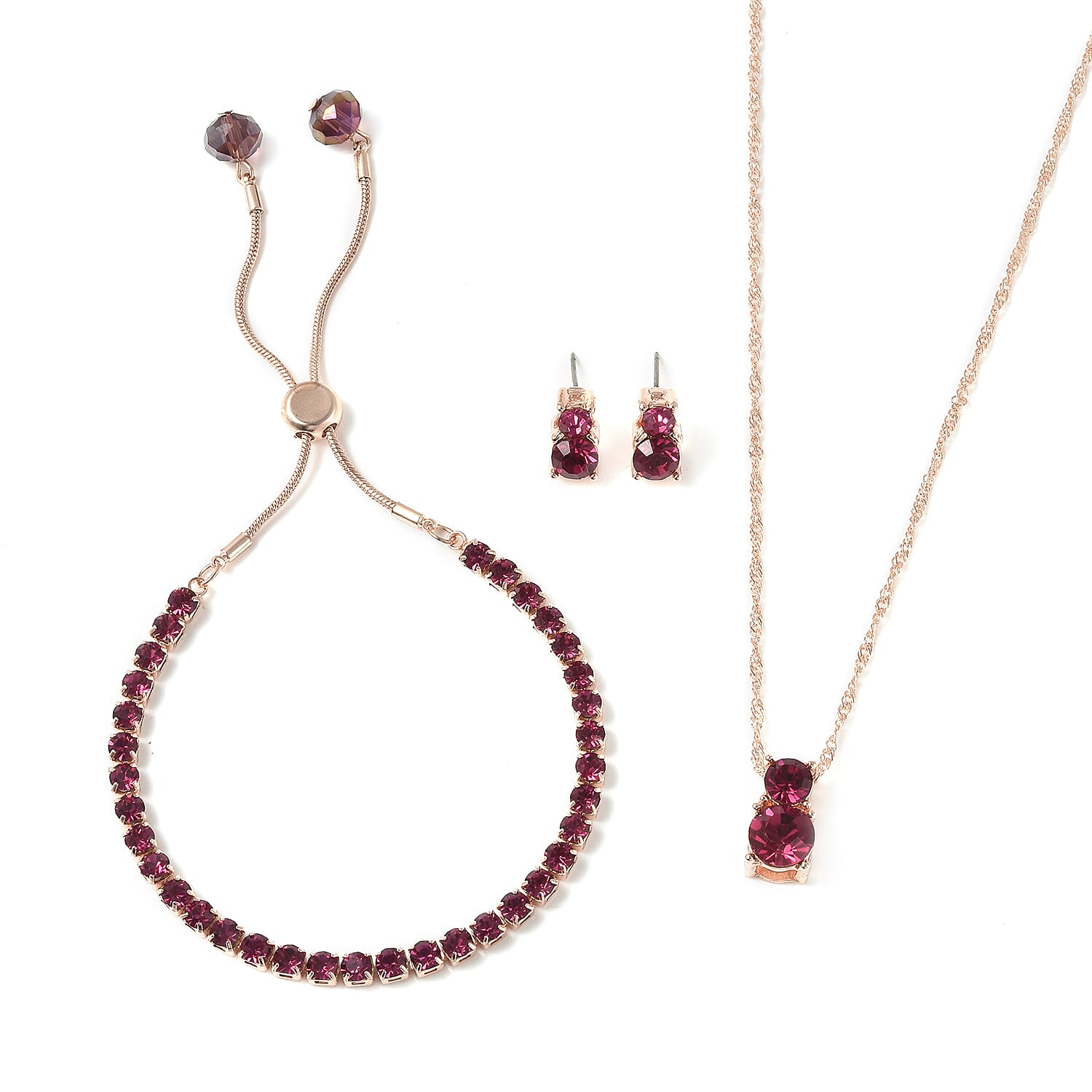 3 Piece Set - Fuchsia Austrian Crystal & Simulated Mystic Topaz Pendant with Chain ( 20 with 2 inch Extender), Adjustable Bracelet ( 6.5-9.5) and Stud Earrings (with Push Back) in Rose Gold Tone