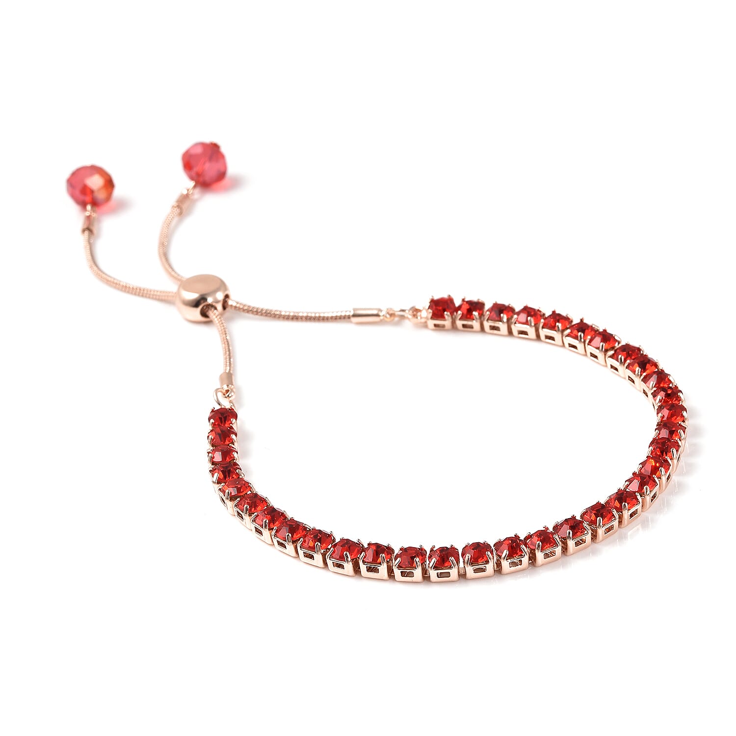 3 Piece Set - Red Austrian Crystal & Simulated Mozambique Garnet Pendant with Chain ( 20 with 2 inch Extender), Adjustable Bracelet ( 6.5-9.5) and Stud Earrings (with Push Back) in Rose Gold Tone
