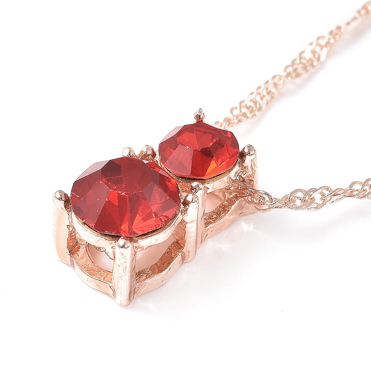 3 Piece Set - Red Austrian Crystal & Simulated Mozambique Garnet Pendant with Chain ( 20 with 2 inch Extender), Adjustable Bracelet ( 6.5-9.5) and Stud Earrings (with Push Back) in Rose Gold Tone