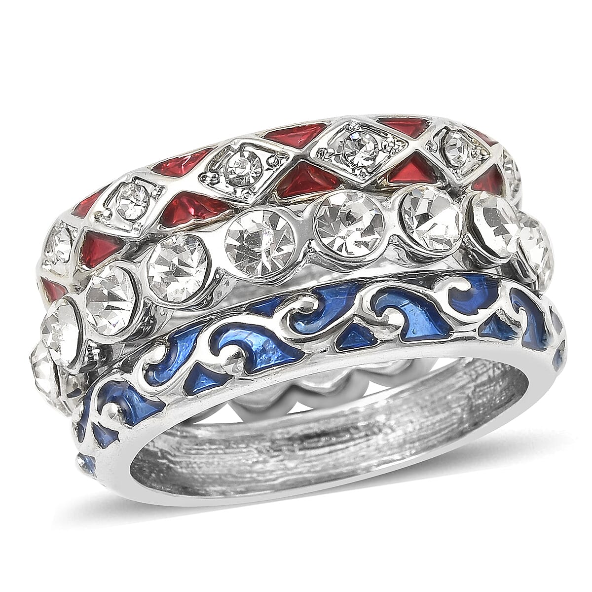 Set of 3 - White Austrian Crystal Ring in Silver Tone With Enamelled