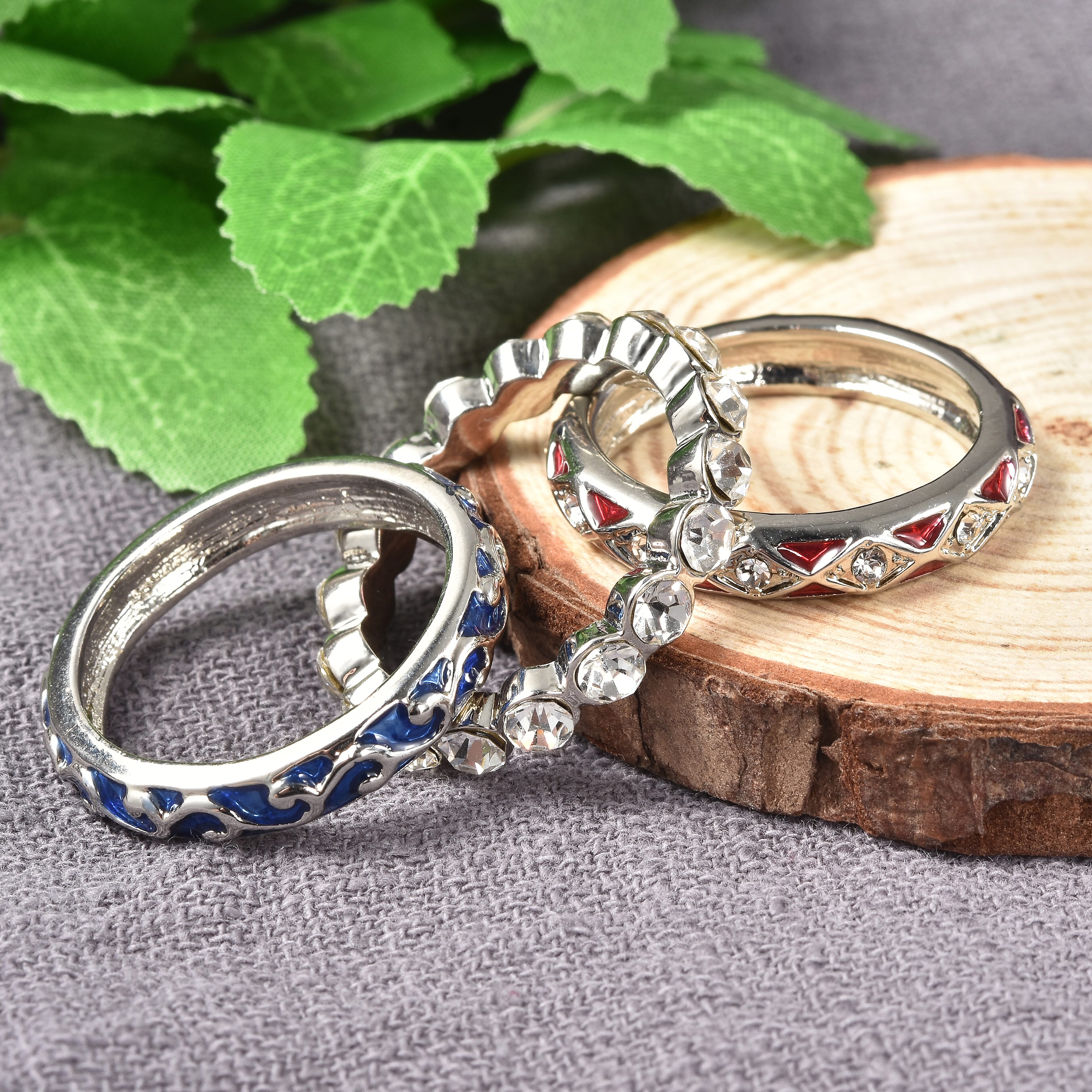 Set of 3 - White Austrian Crystal Ring in Silver Tone With Enamelled