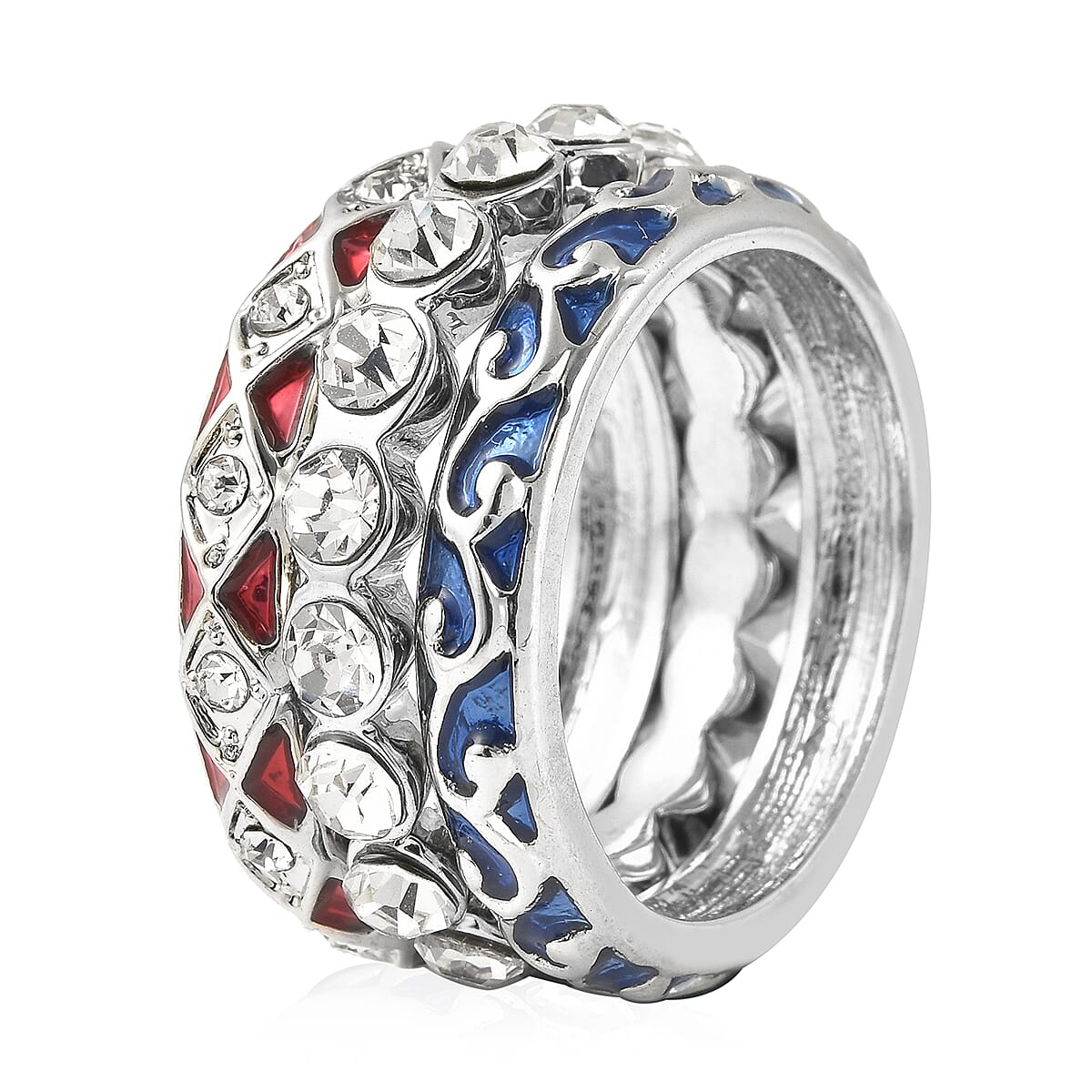Set of 3 - White Austrian Crystal Ring in Silver Tone With Enamelled