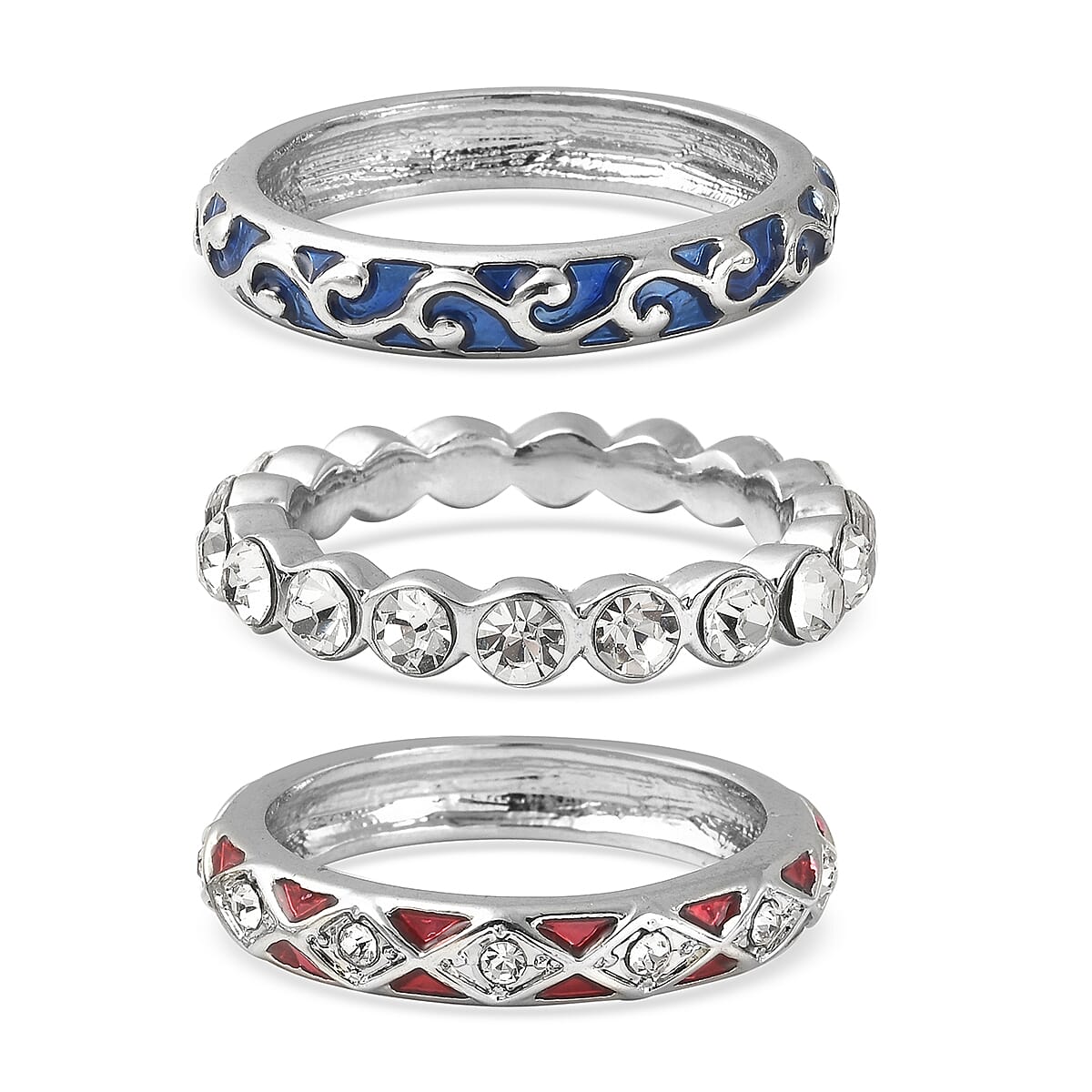 Set of 3 - White Austrian Crystal Ring in Silver Tone With Enamelled