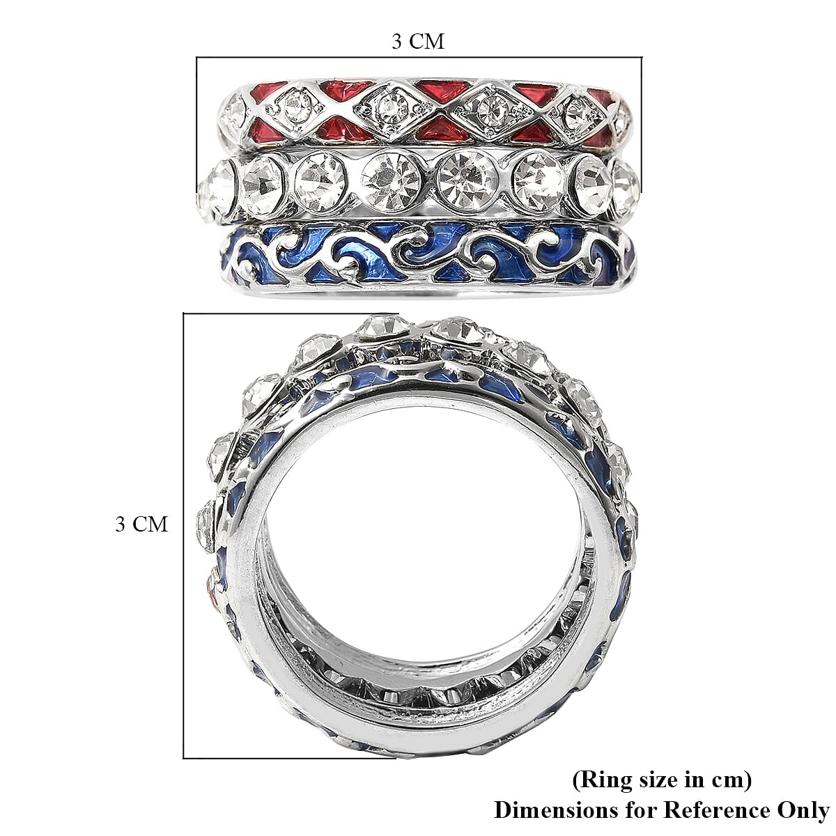 Set of 3 - White Austrian Crystal Ring in Silver Tone With Enamelled