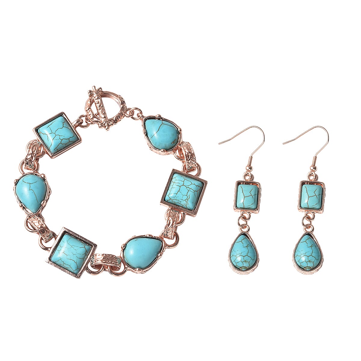 2 Piece Set - Blue Howlite Station Bracelet (Size 8.5) and Earrings in Rose Gold Tone 15.00 Ct.