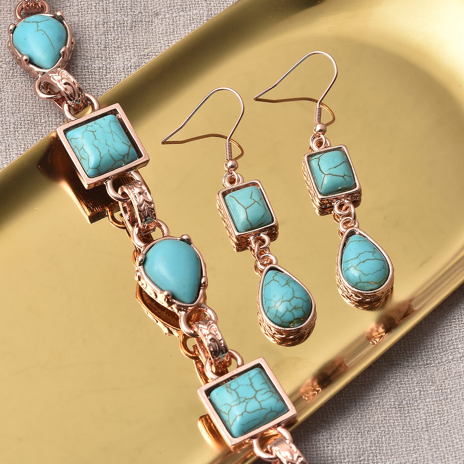 2 Piece Set - Blue Howlite Station Bracelet (Size 8.5) and Earrings in Rose Gold Tone 15.00 Ct.