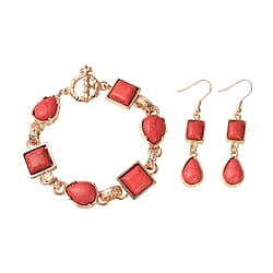 2 Piece Set - Multi Colour Howlite Station Bracelet (Size 7.5) with T-Bar Lock & Earrings in Silver Tone 15.00 Ct.