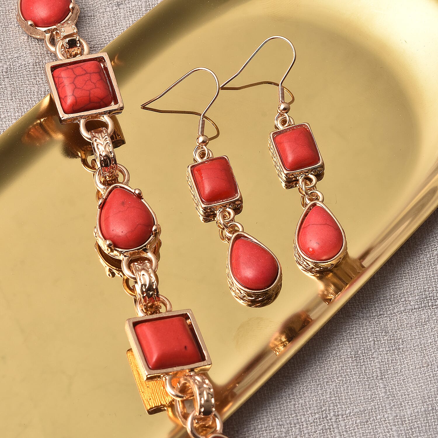 2 Piece Set - Red Howlite Bracelet (Size 8.5) and Earrings in Yellow Gold Tone 15.00 Ct.