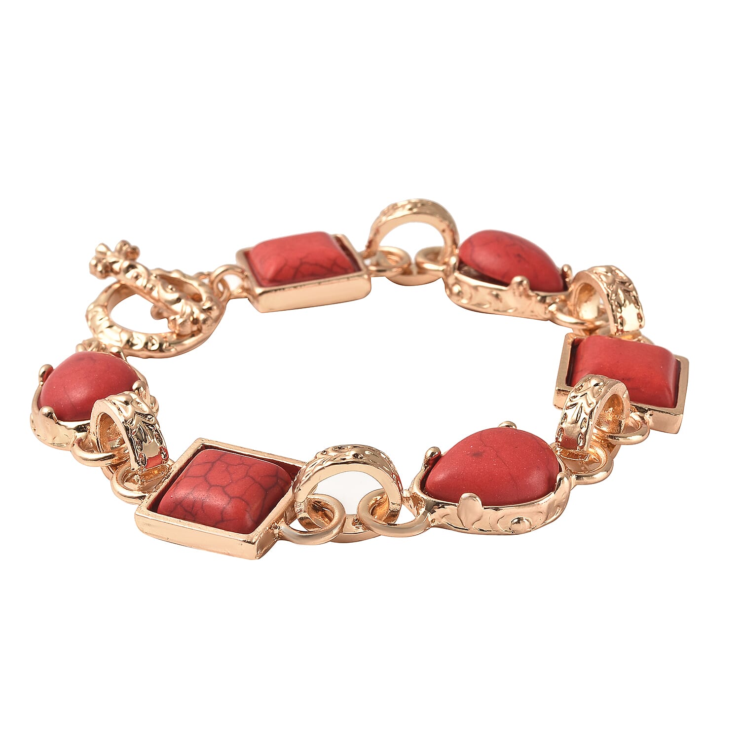 2 Piece Set - Red Howlite Bracelet (Size 8.5) and Earrings in Yellow Gold Tone 15.00 Ct.