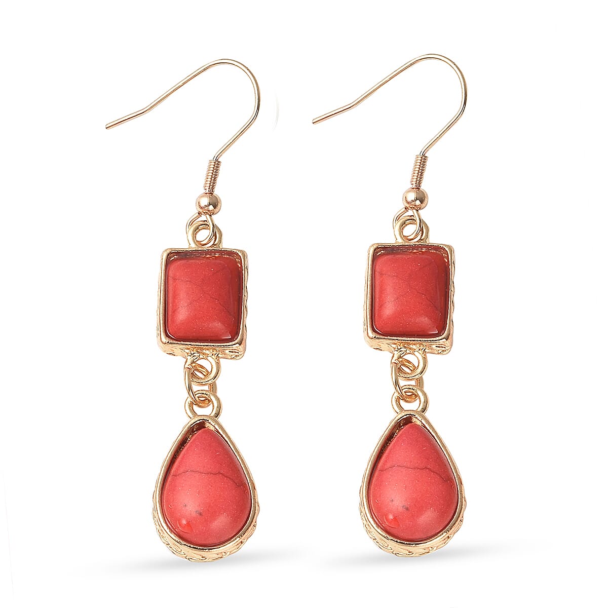 2 Piece Set - Red Howlite Bracelet (Size 8.5) and Earrings in Yellow Gold Tone 15.00 Ct.