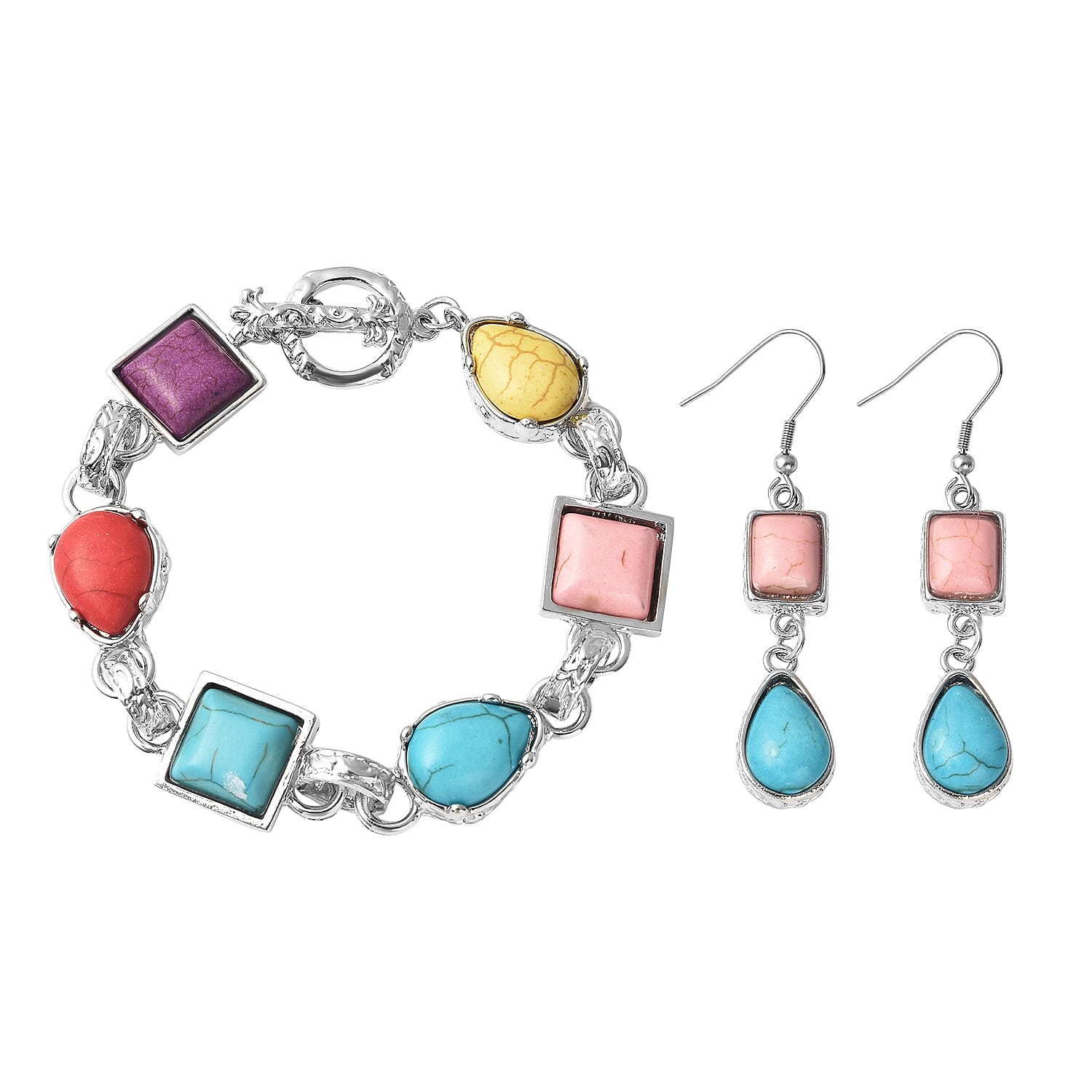 2 Piece Set - Multi Colour Howlite Station Bracelet (Size 7.5) with T-Bar Lock & Earrings in Silver Tone 15.00 Ct.