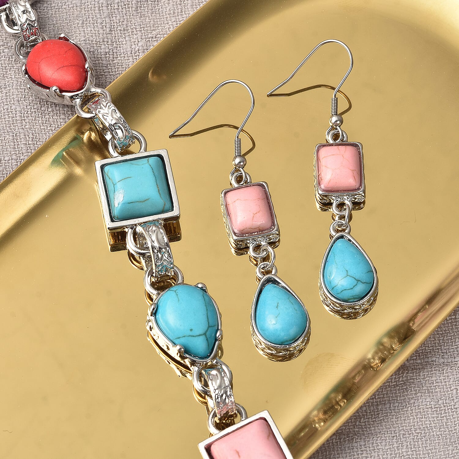 2 Piece Set - Multi Colour Howlite Station Bracelet (Size 7.5) with T-Bar Lock & Earrings in Silver Tone 15.00 Ct.