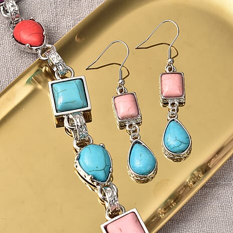 2 Piece Set - Multi Colour Howlite Station Bracelet (Size 7.5) with T-Bar Lock & Earrings in Silver Tone 15.00 Ct.