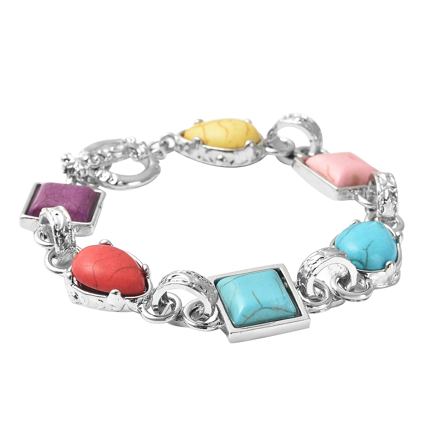 2 Piece Set - Multi Colour Howlite Station Bracelet (Size 7.5) with T-Bar Lock & Earrings in Silver Tone 15.00 Ct.