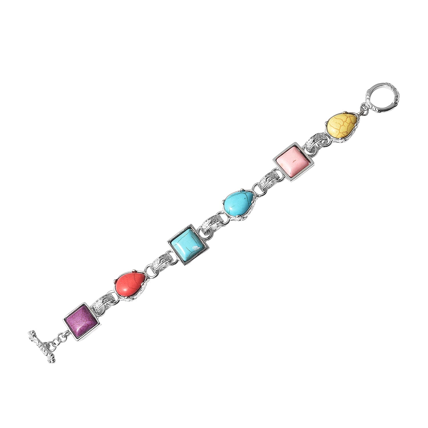 2 Piece Set - Multi Colour Howlite Station Bracelet (Size 7.5) with T-Bar Lock & Earrings in Silver Tone 15.00 Ct.