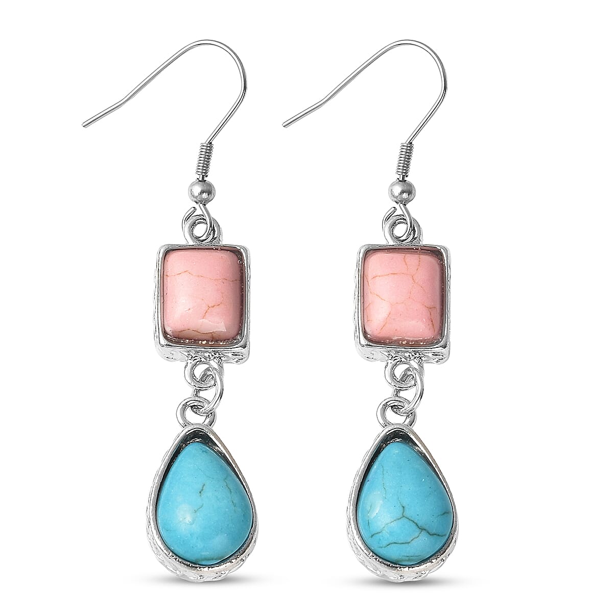 2 Piece Set - Multi Colour Howlite Station Bracelet (Size 7.5) with T-Bar Lock & Earrings in Silver Tone 15.00 Ct.