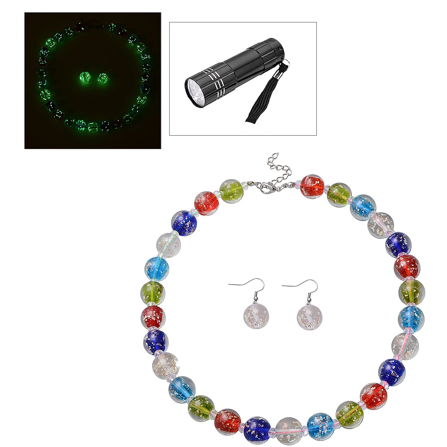 2 Piece Set - Multi Colour Murano Beads & Simulated White Moonstone Necklace (Size 20 with 2 inch Extender) & Hook Earrings in Silver Tone