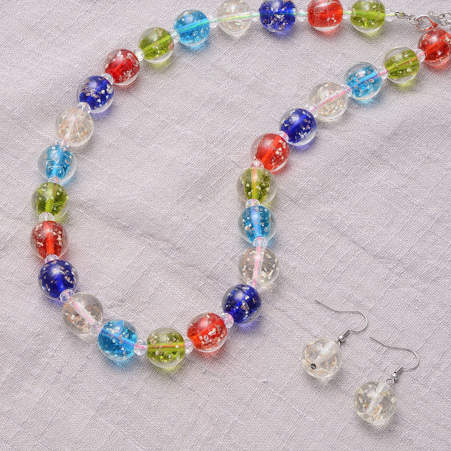 2 Piece Set - Multi Colour Murano Beads & Simulated White Moonstone Necklace (Size 20 with 2 inch Extender) & Hook Earrings in Silver Tone