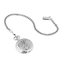 STRADA Japanese Movement White Dial Water Resistant Sundial Pocket Watch in Silver Tone Chain Strap