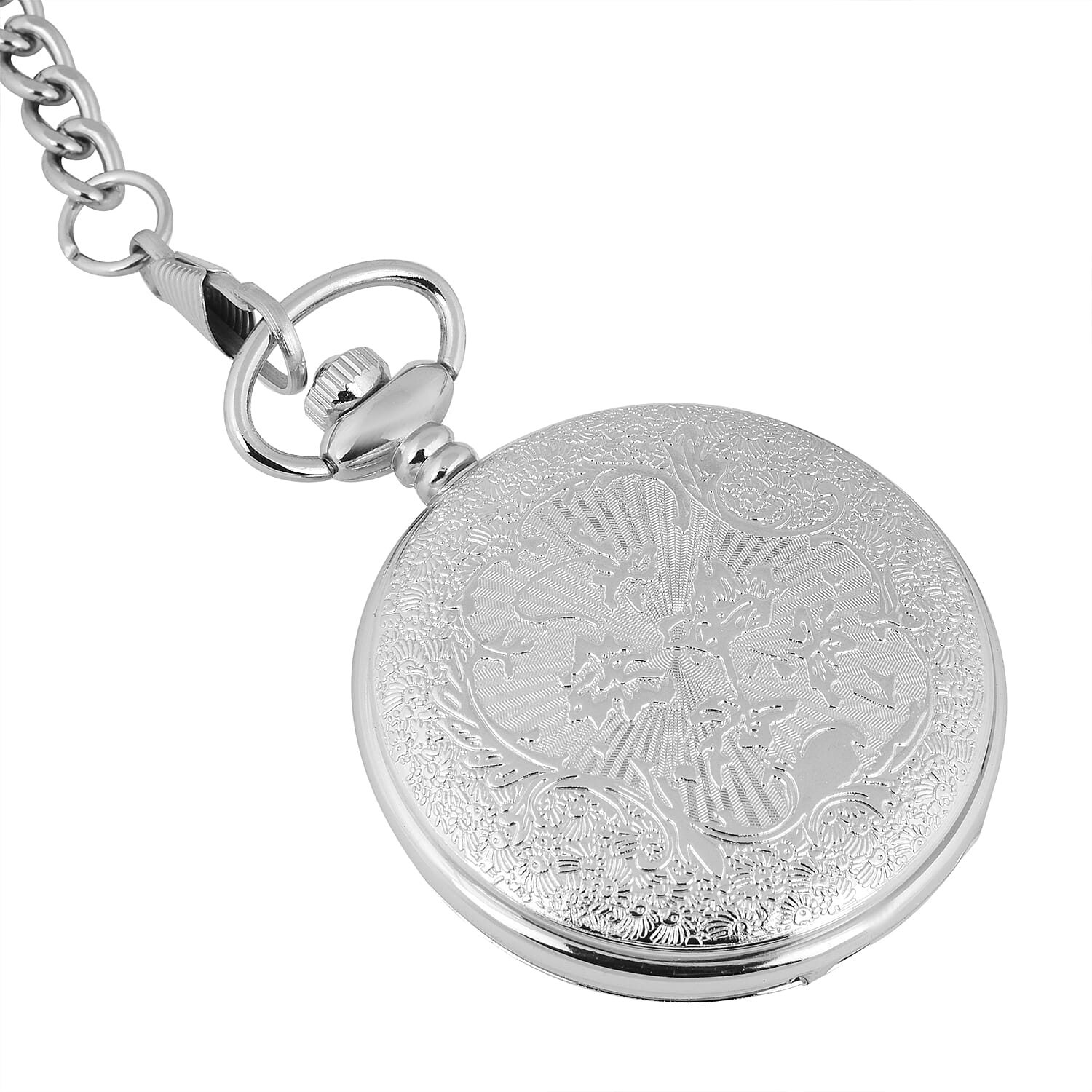 STRADA Japanese Movement White Dial Water Resistant Sundial Pocket Watch in Silver Tone Chain Strap