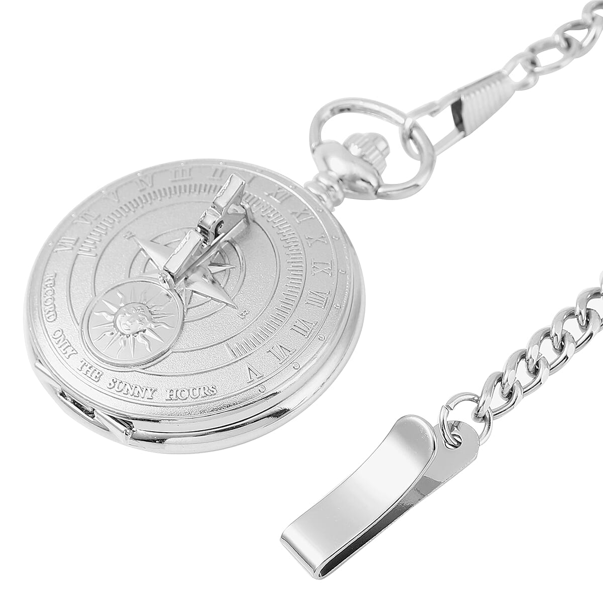 STRADA Japanese Movement White Dial Water Resistant Sundial Pocket Watch in Silver Tone Chain Strap