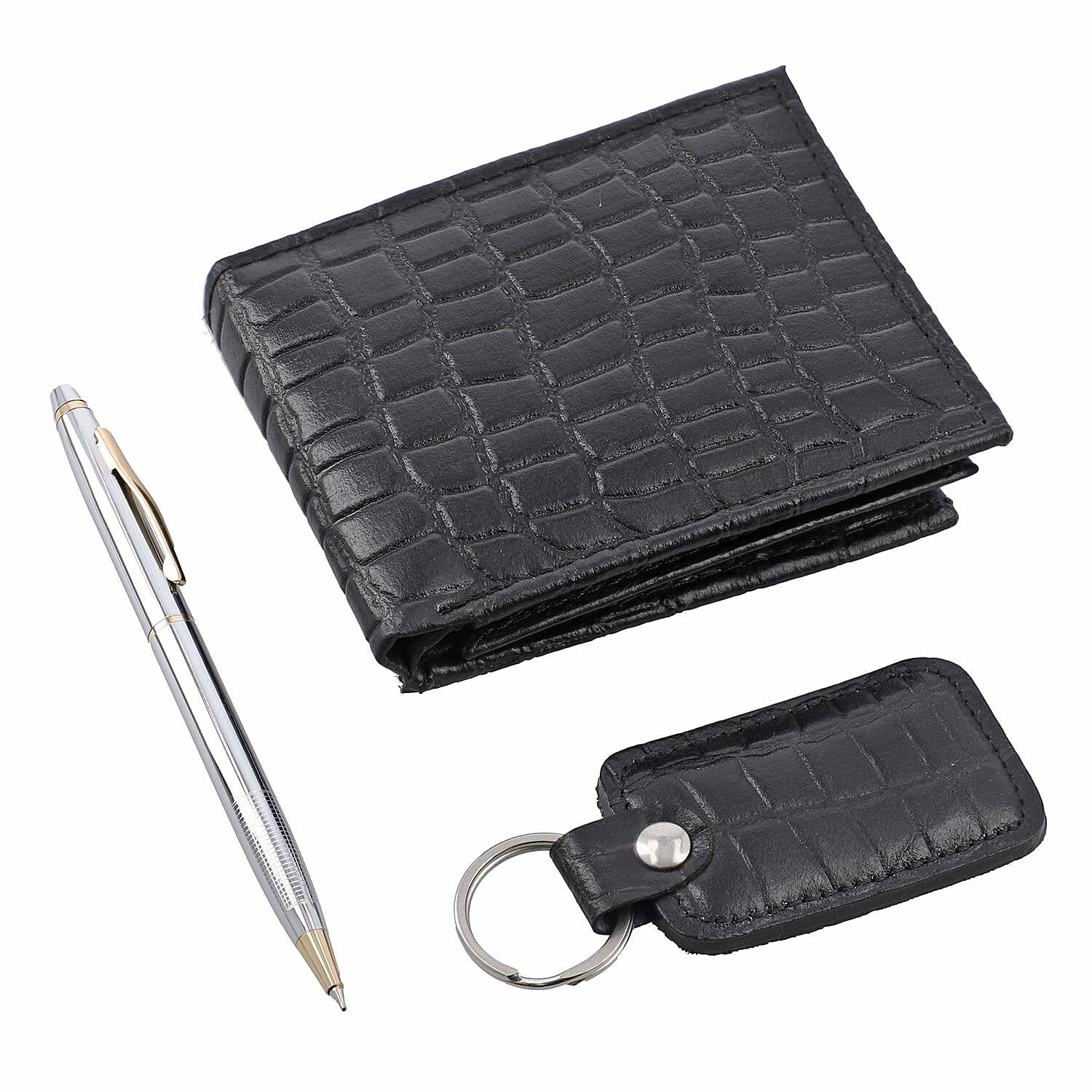 3 Piece Set - 100% Genuine Leather Croc Embossed Mens Wallet, Pen and Keychain - Black