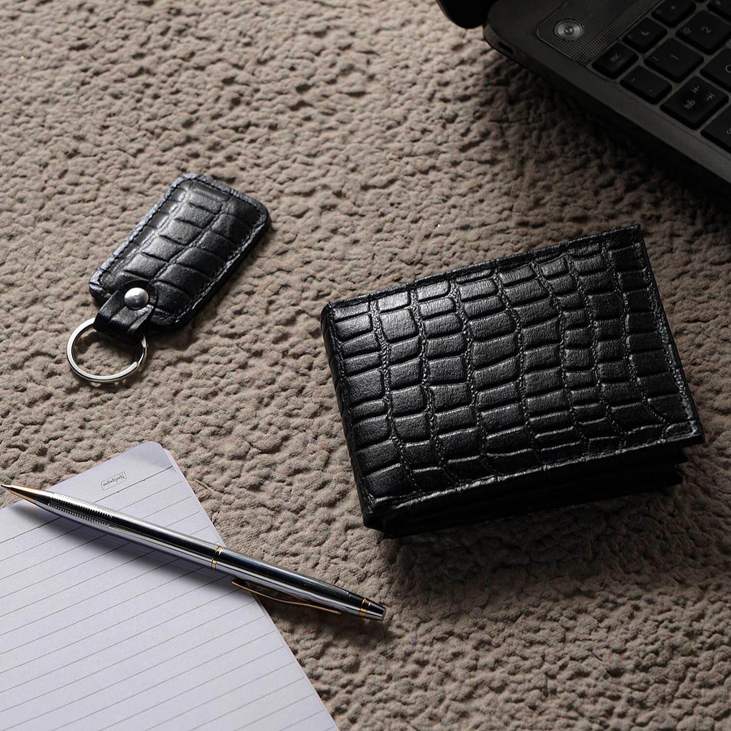 3 Piece Set - 100% Genuine Leather Croc Embossed Mens Wallet, Pen and Keychain - Black