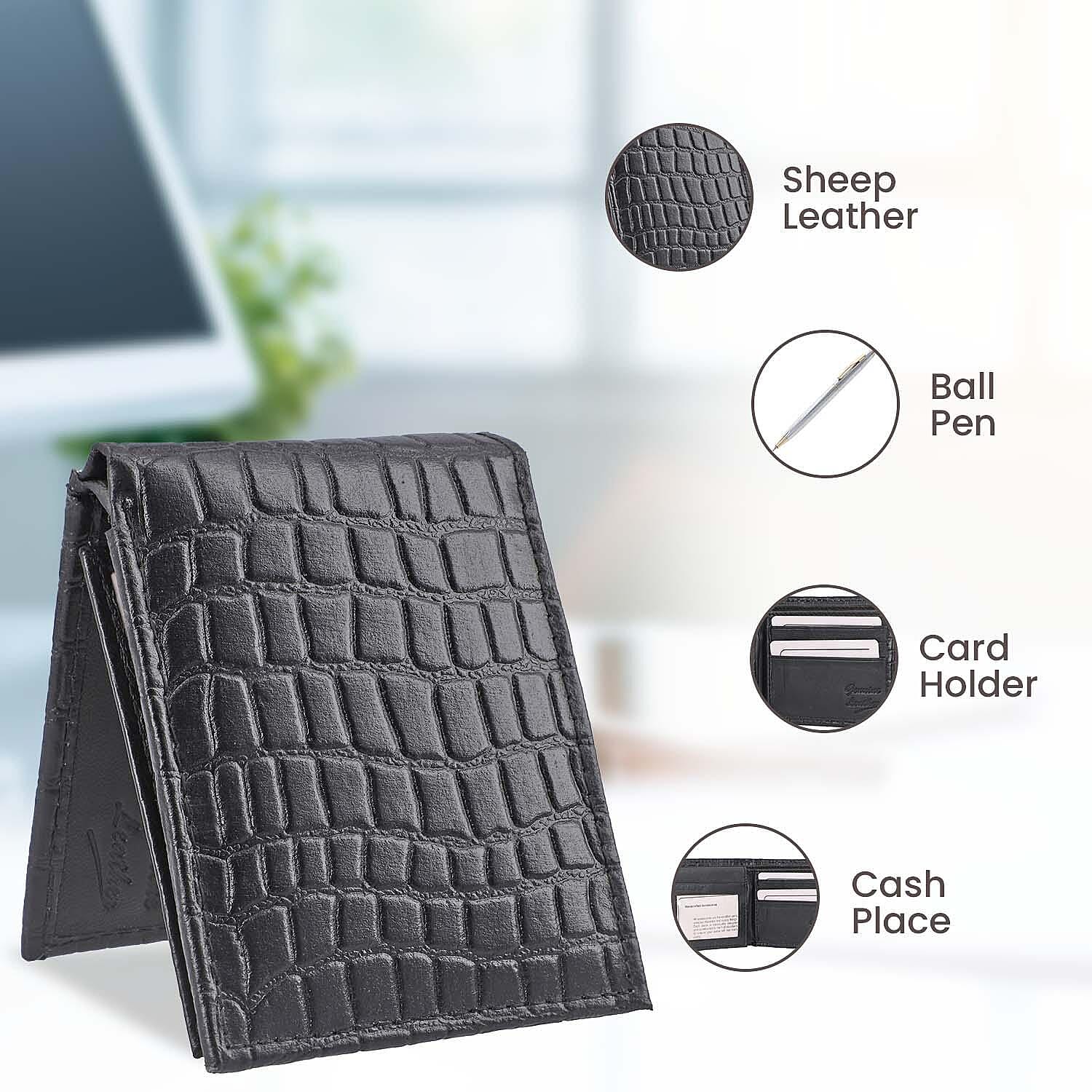 3 Piece Set - 100% Genuine Leather Croc Embossed Mens Wallet, Pen and Keychain - Black