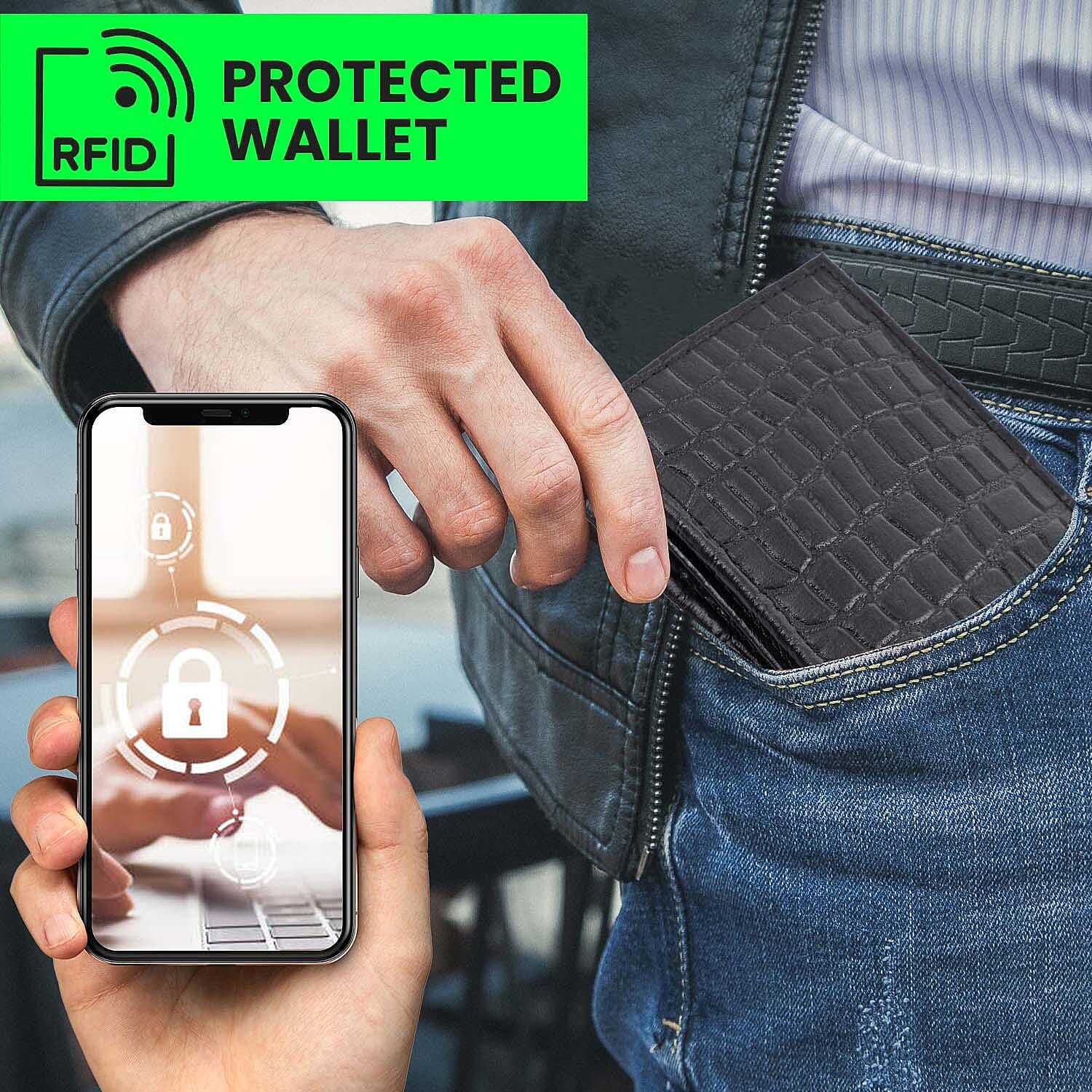 3 Piece Set - 100% Genuine Leather Croc Embossed Mens Wallet, Pen and Keychain - Black