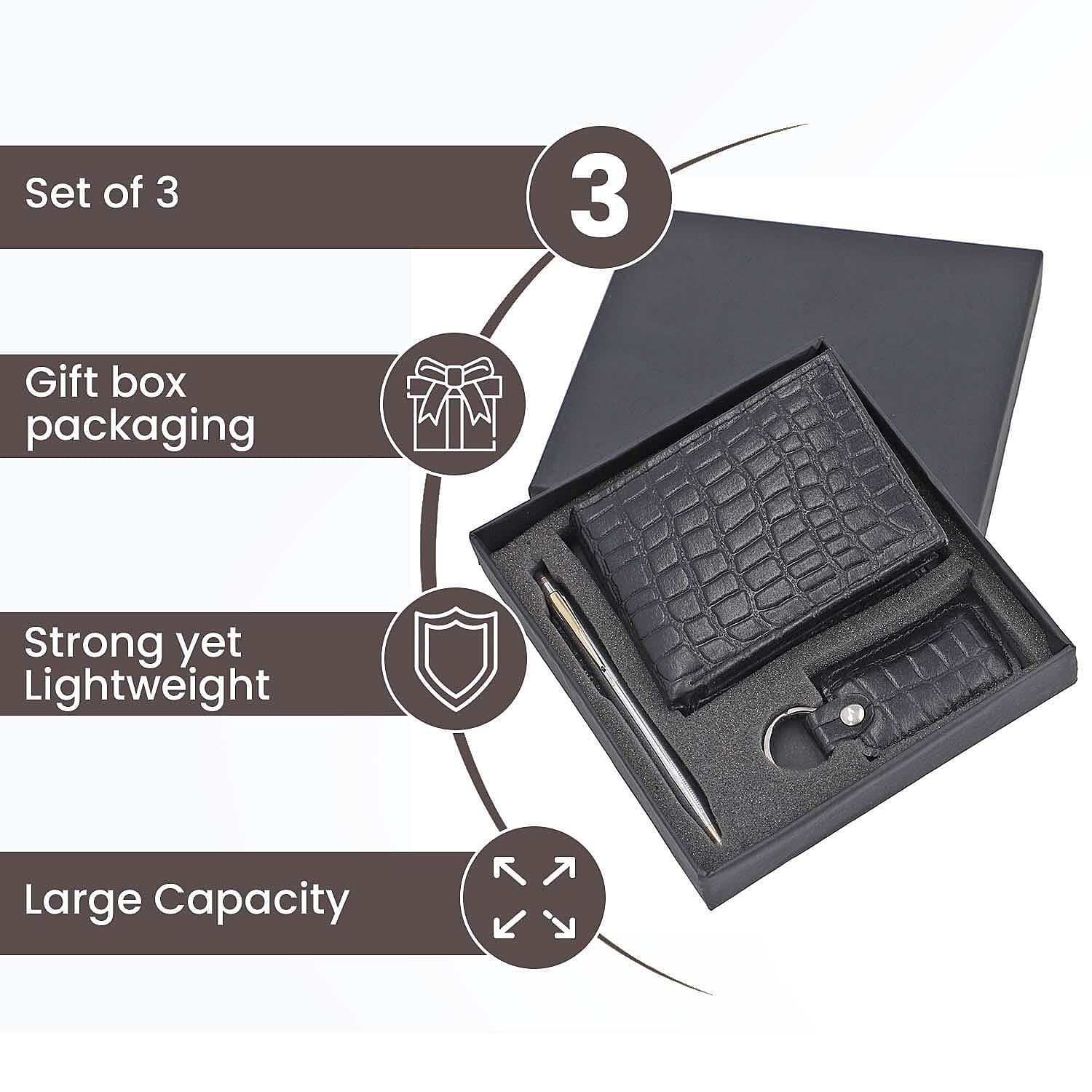 3 Piece Set - 100% Genuine Leather Croc Embossed Mens Wallet, Pen and Keychain - Black