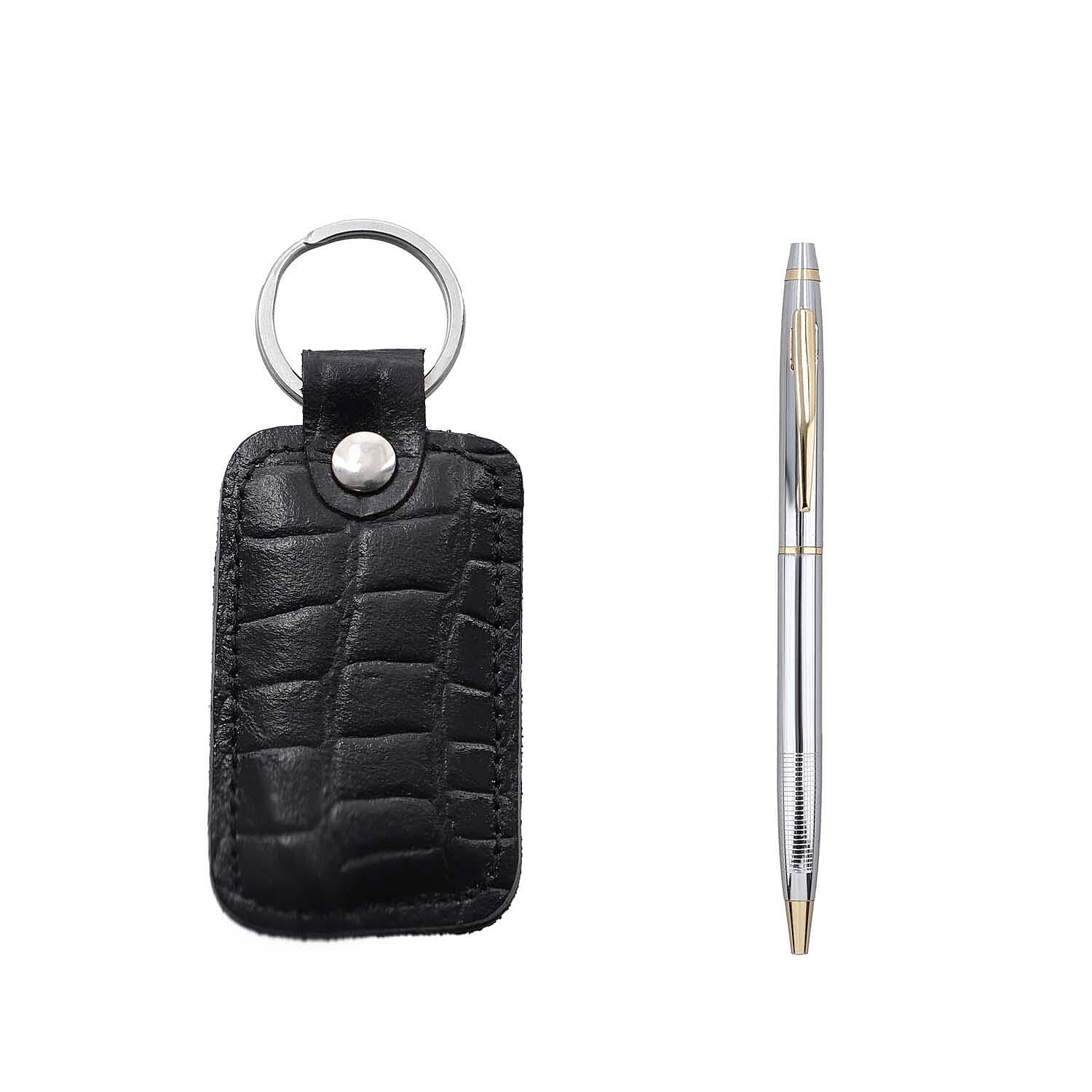 3 Piece Set - 100% Genuine Leather Croc Embossed Mens Wallet, Pen and Keychain - Black