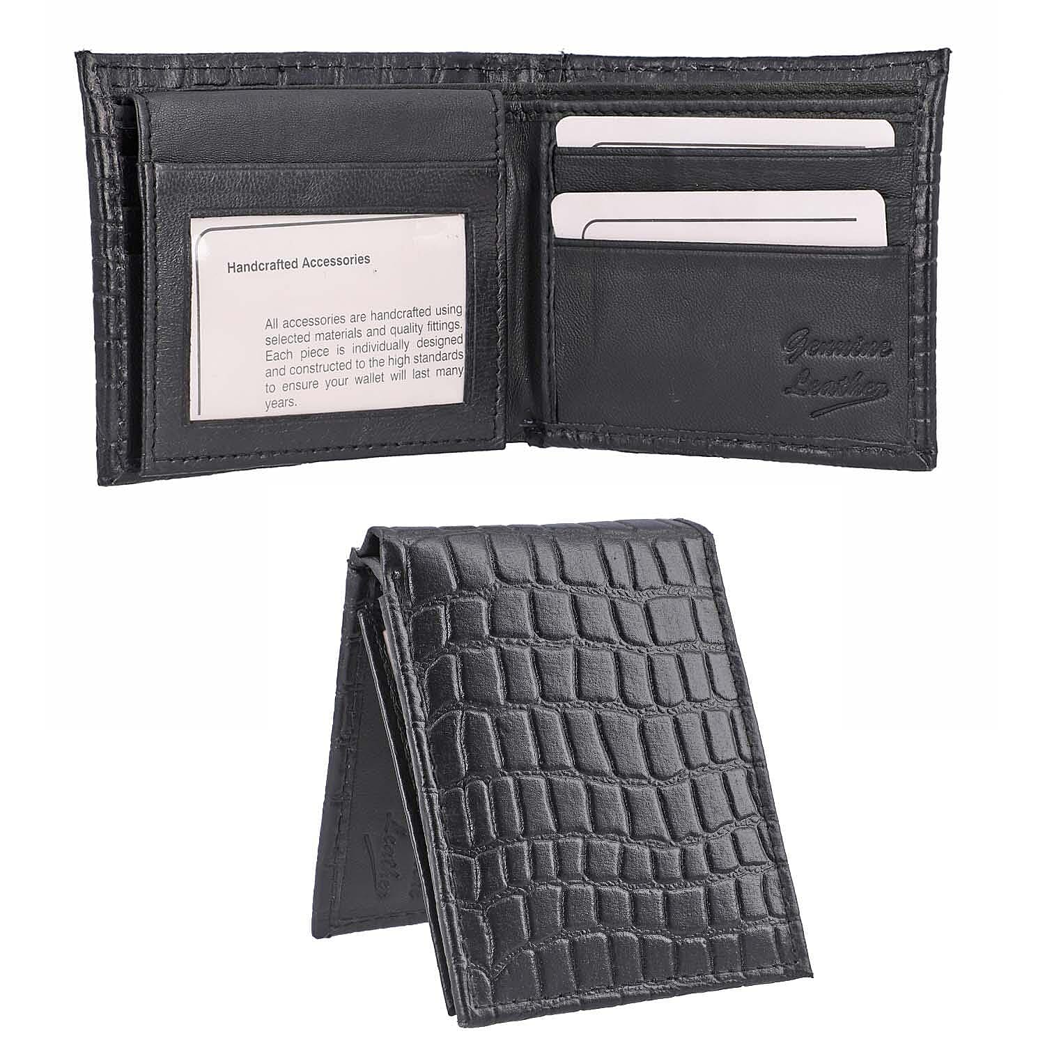 3 Piece Set - 100% Genuine Leather Croc Embossed Mens Wallet, Pen and Keychain - Black